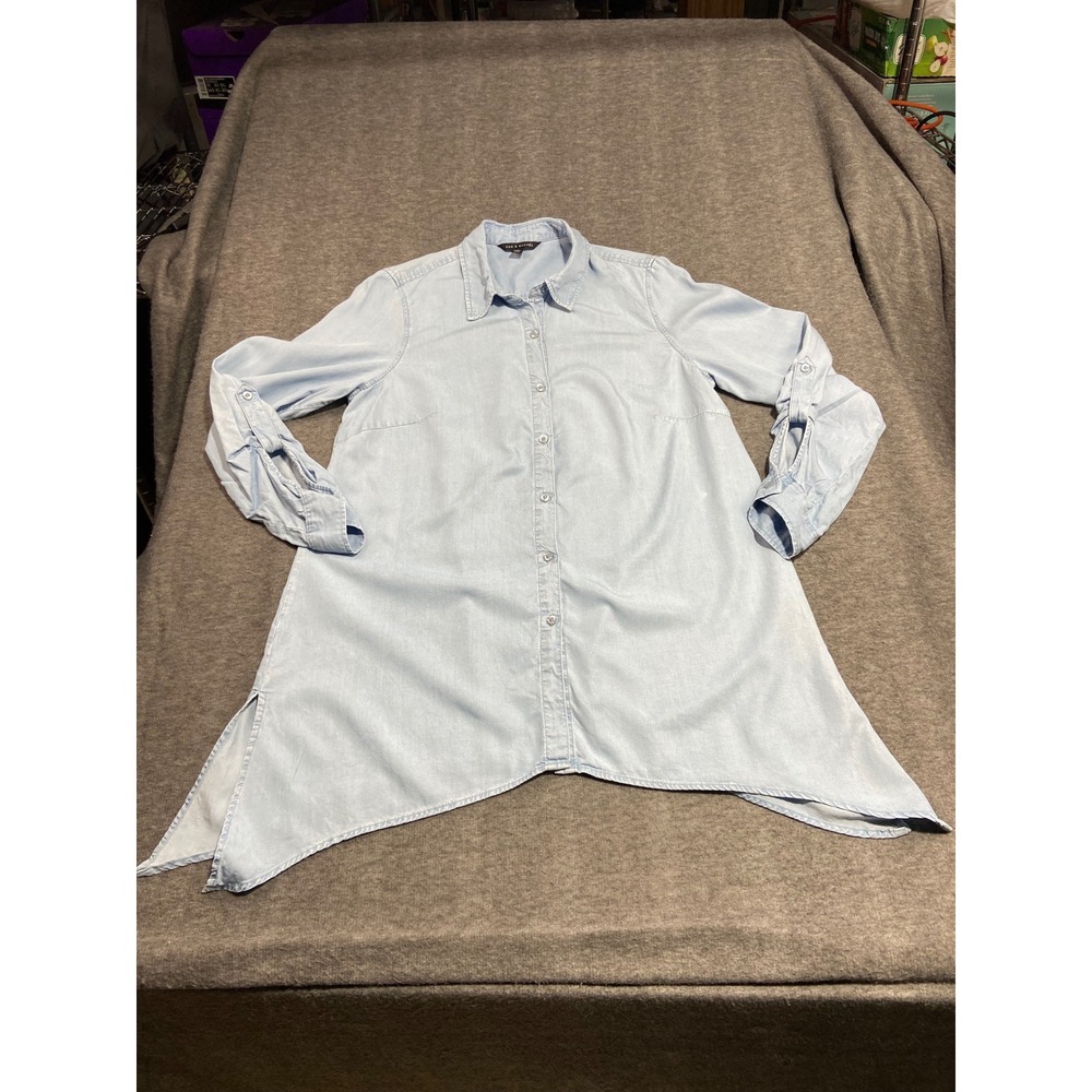 Zac Rachel Tunic Light Blue Lyocell Sharkbite Hem Long Sleeve M Chambray Look